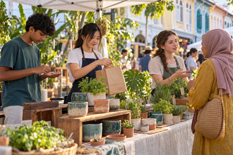 Teenagers exploring a practical task at a neighbourhood makers market