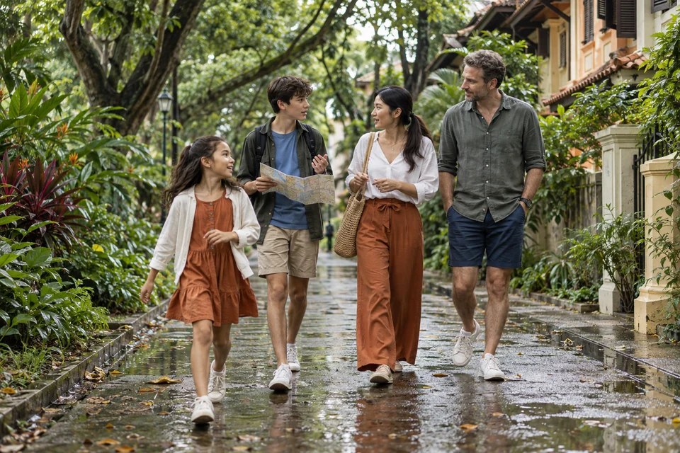 A family walking and sharing a conversation in a neighbourhood