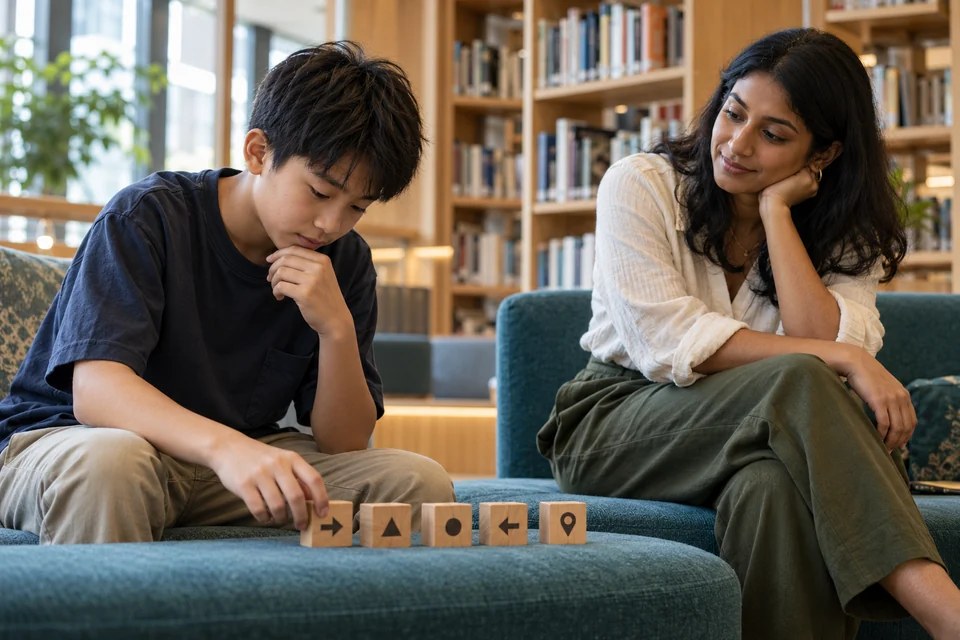 A learner thinking through a task with an educator in a quiet library