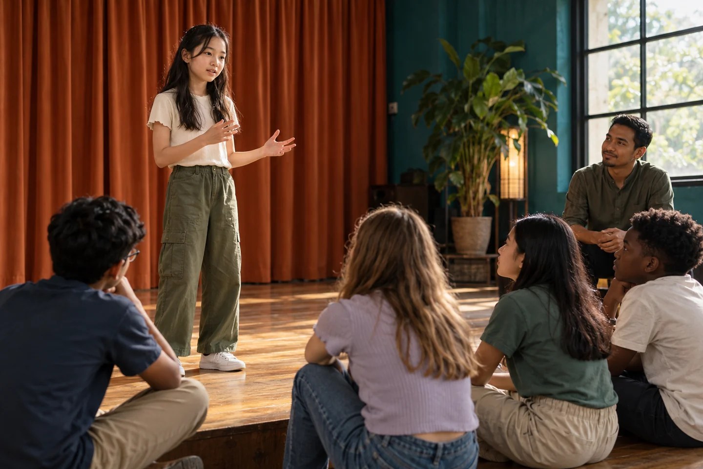 A young person explaining an idea to classmates on a rehearsal stage